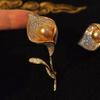High-End Tulip Brooch: Copper Micro-Inlaid Zircon Flower Pin with Pearl Corselet, Thick Gold-Plated