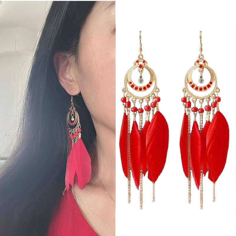 Этнический стиль длинные серьги с перьями и бахромой красные женские модные ретро-серьги в национальном стиле праздничные фотоукрашения