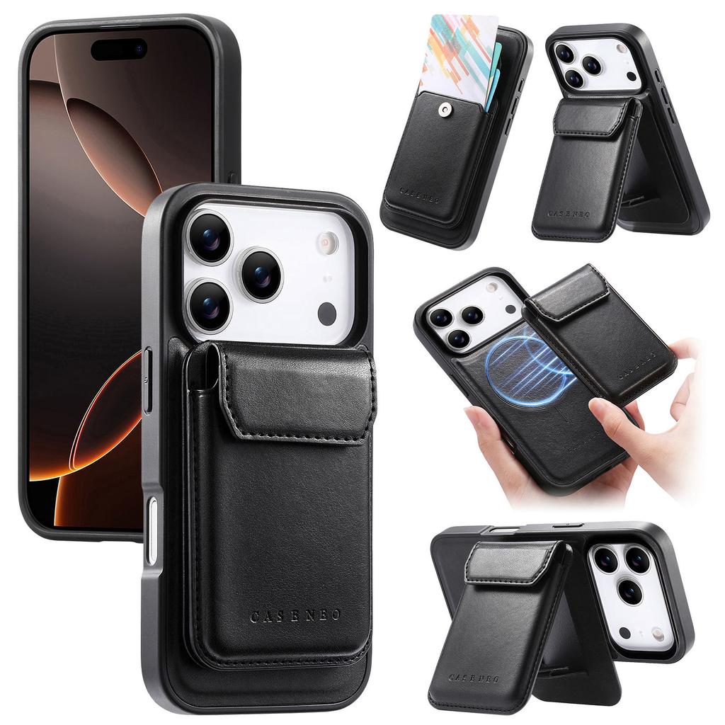 CASENEO For iPhone 17 Pro Magnetic Case PU Leather PC Phone Cover with Detachable Card Holder Kickstand Compatible with MagSafe