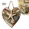 Hanging Wood Bead Ornament Rustic Coastal Heart Shape Wall with LED Light, Distressed Farmhouse Pendant Decor Beads & Jute Rope for Living Room