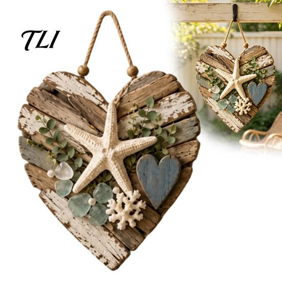 Hanging Wood Bead Ornament Rustic Coastal Heart Shape Wall with LED Light, Distressed Farmhouse Pendant Decor Beads & Jute Rope for Living Room