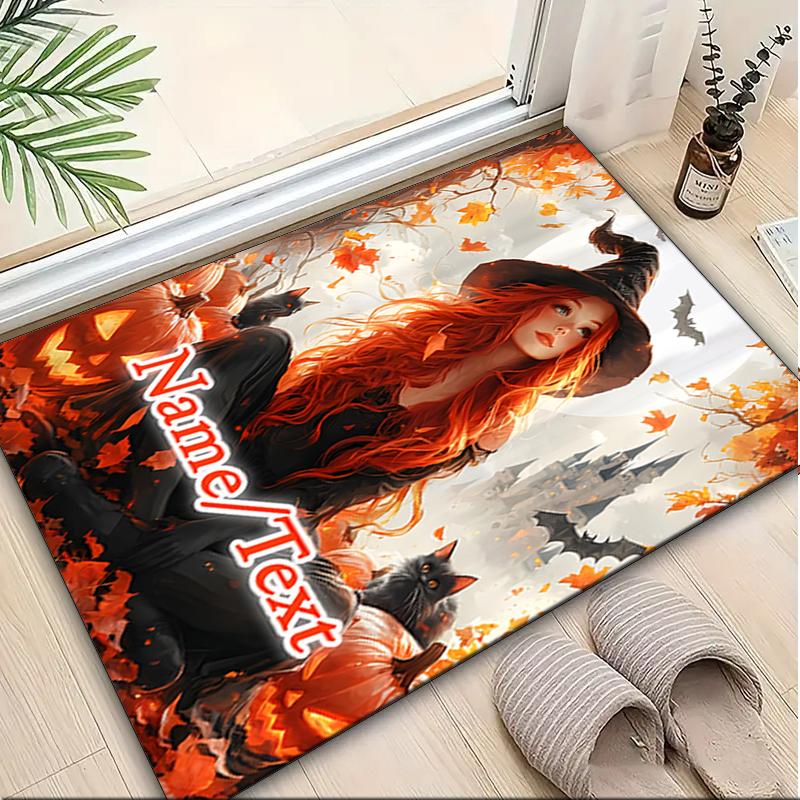 1PC Custom Name Witch Autumn Leaves Theme Floor Mat Ideal for Living Room, Game Rooms, Office, Bedroom,Floor Mat Playful Design