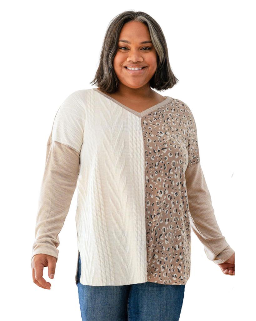 Azura Exchange Leopard Patchwork Mix Knit Long Sleeve Top