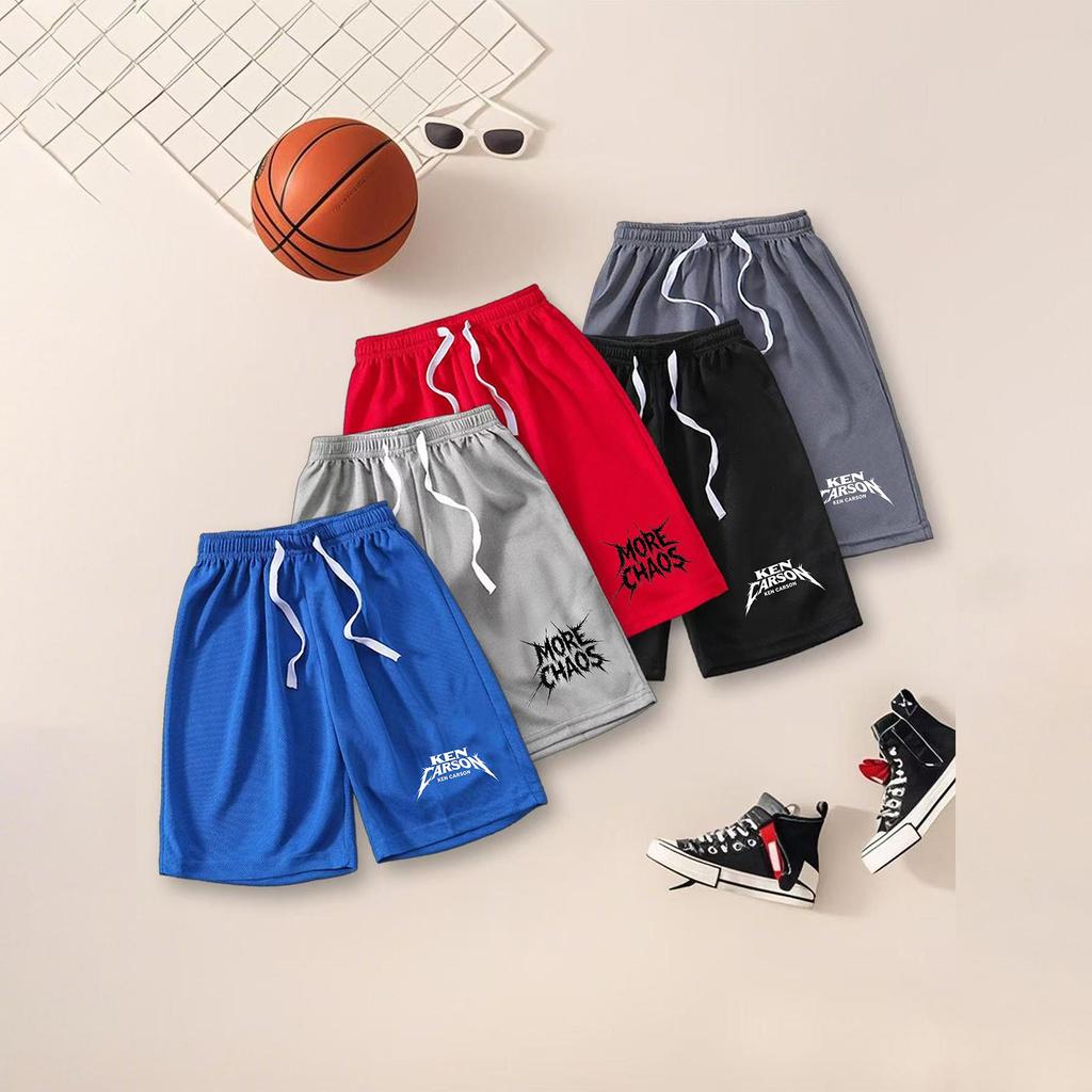 Boys Sports Shorts | Mixed Spike‑Style MORE CHAOS & KEN CARSON Text Print | 5 Colors Elastic Waist