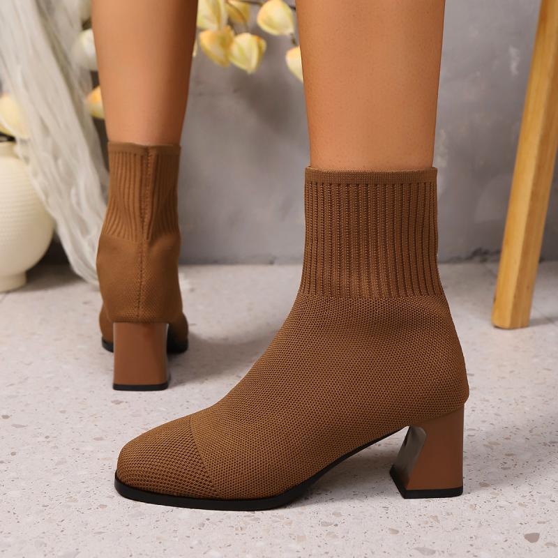 Модные Классические Простые Однотонные Эластичные Ботильоны-носки Женские Осенние Элегантные С Квадратным Носком На Высоком Каблуке Ботильоны Слипоны Эластичные Вязаные Ботильоны