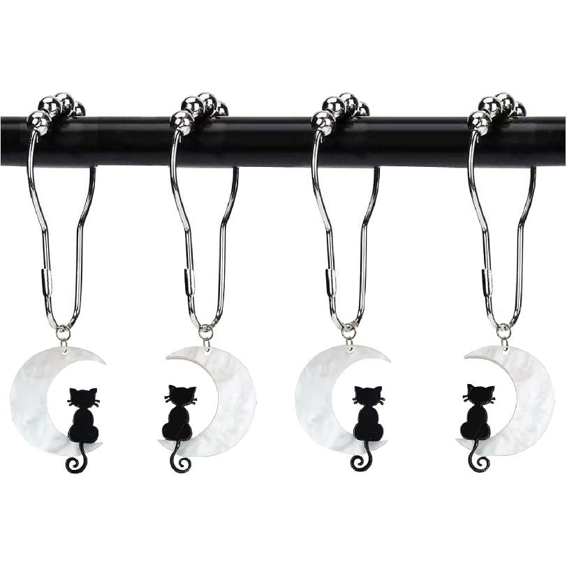 Черные кошки крючки для шторки в ванну с луной, Декор для ванной, 12 шт. Ржавеющие металлические милые смешные кольца для шторки в ванну для Хэллоуина, готической темы