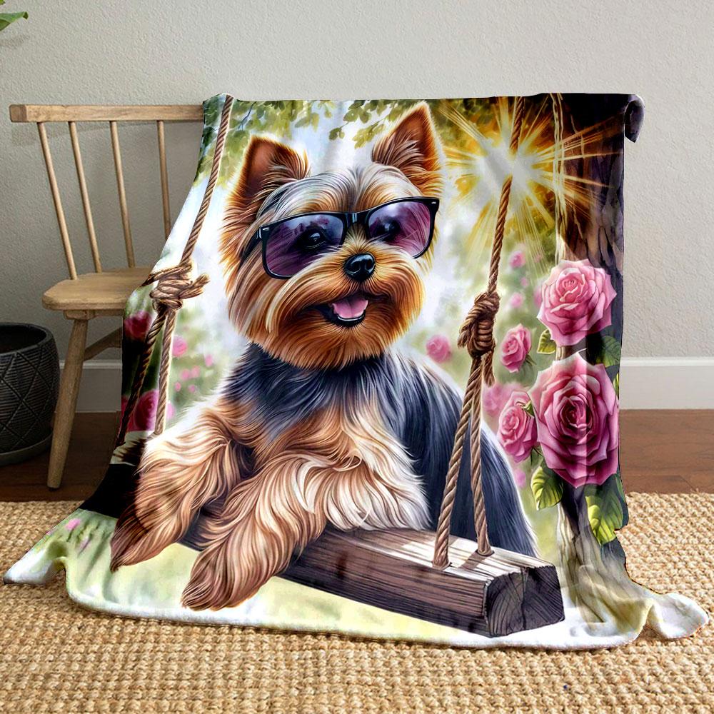 Yorkie on Swing with Sunglasses print blanket soft and cozy perfect for the living room bed sofa or a nap,gift