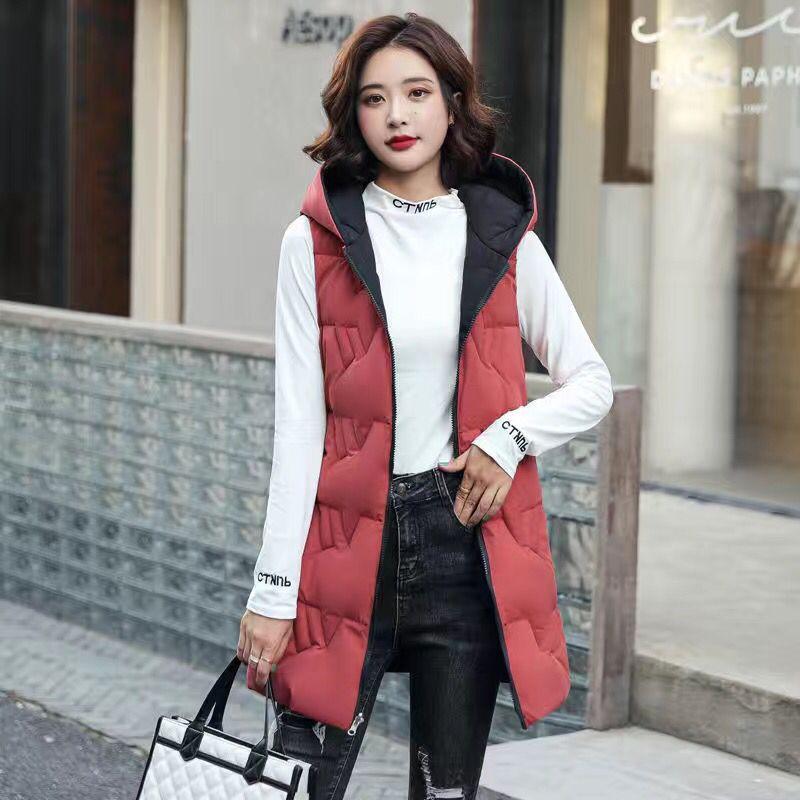 Autumn and Winter Women's Solid Color Loose Vest Hooded Long Reversible Vest Jacket Cotton Padded Women's Windproof Warm Vest
