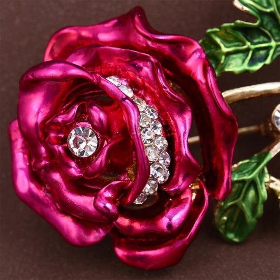 Rose Flower Brooch Green Leaves Rhinestone Oil-Dripping Vintage Sparkling Gift Elegant Business Suit