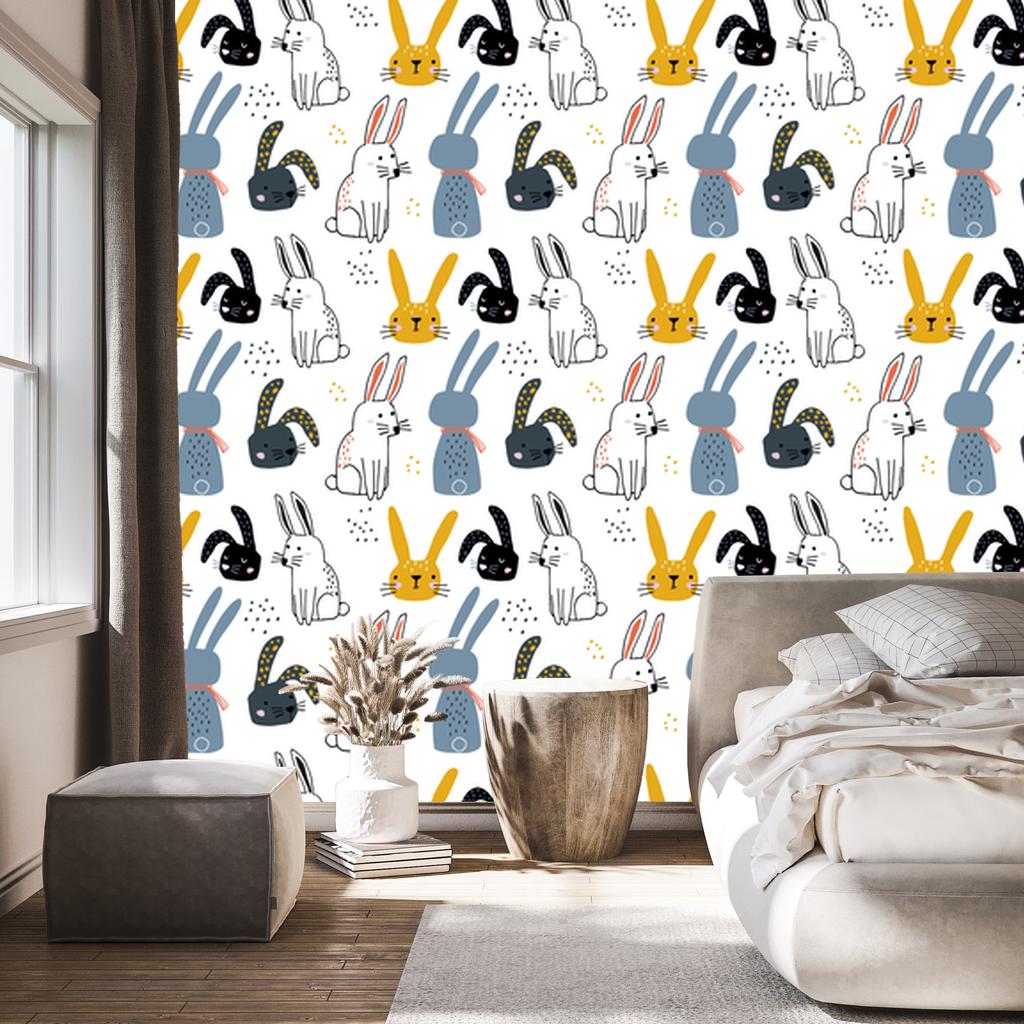 Wallpaper Rabbits on a white background for the living room and bedroom 50x1000