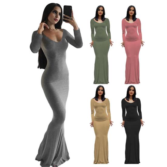 Платье макси с длинным рукавом для женщин, осеннее повседневное платье с круглым вырезом, длинное платье, облегающее фигуру, с драпировкой, коктейльное платье для вечеринки