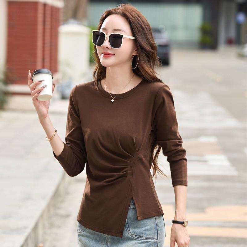 Womens Long Sleeve T-Shirt Slim Fit Round Neck Cotton Blend Casual Top With Side Slit