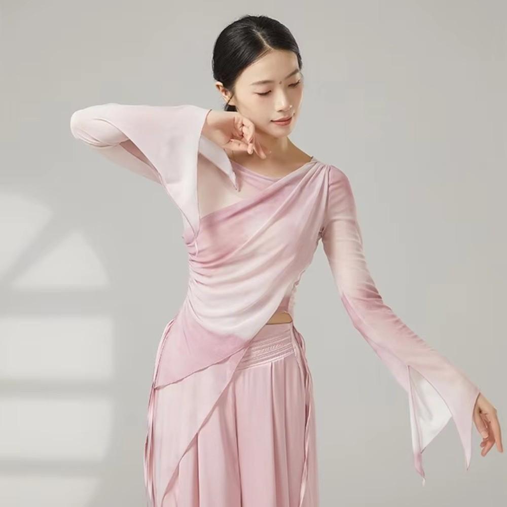 Long Slit Classical Dance Mesh Top Prints Chinese Hanfu Women Dance Wear