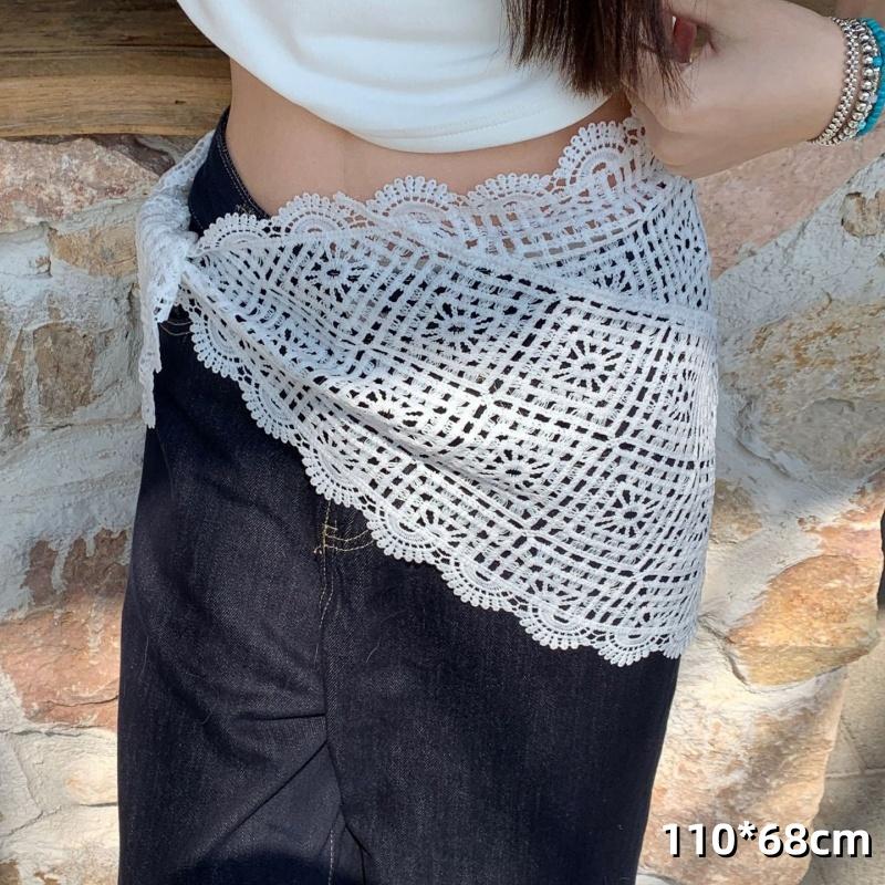 Women Hollow Out Lace Triangle Scarf Skirt Stylish Mini Hip Curtain Bohemian Head Wrap for Vacation Festivals Summer