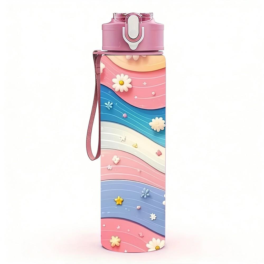 1PC Pastel Rainbow Cloud Daisy Print 750ml Color Plastic Sports Water Bottle Leakproof Flip Straw Lid Suitable for Sports Office Home Use