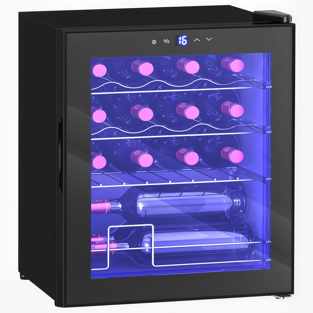 Freestanding Wine Cooler, 16 Bottles, for Home Bar, Living Room, Kitchen, Touchscreen, Glass Door, LED Lighting