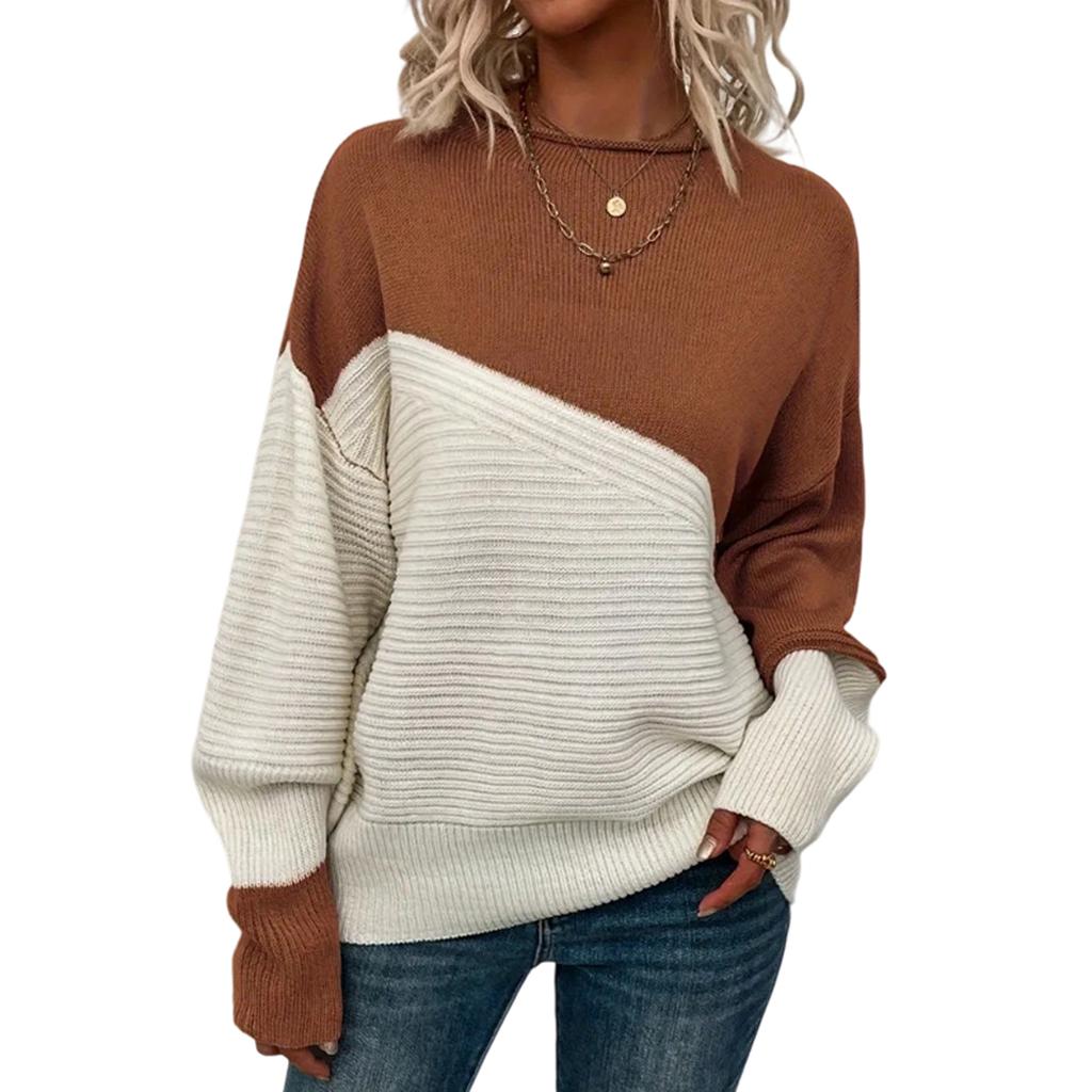 Women's Casual Round Neck Colorblock Pullover Sweater Loose Casual Long Sleeve Contrast Color Top