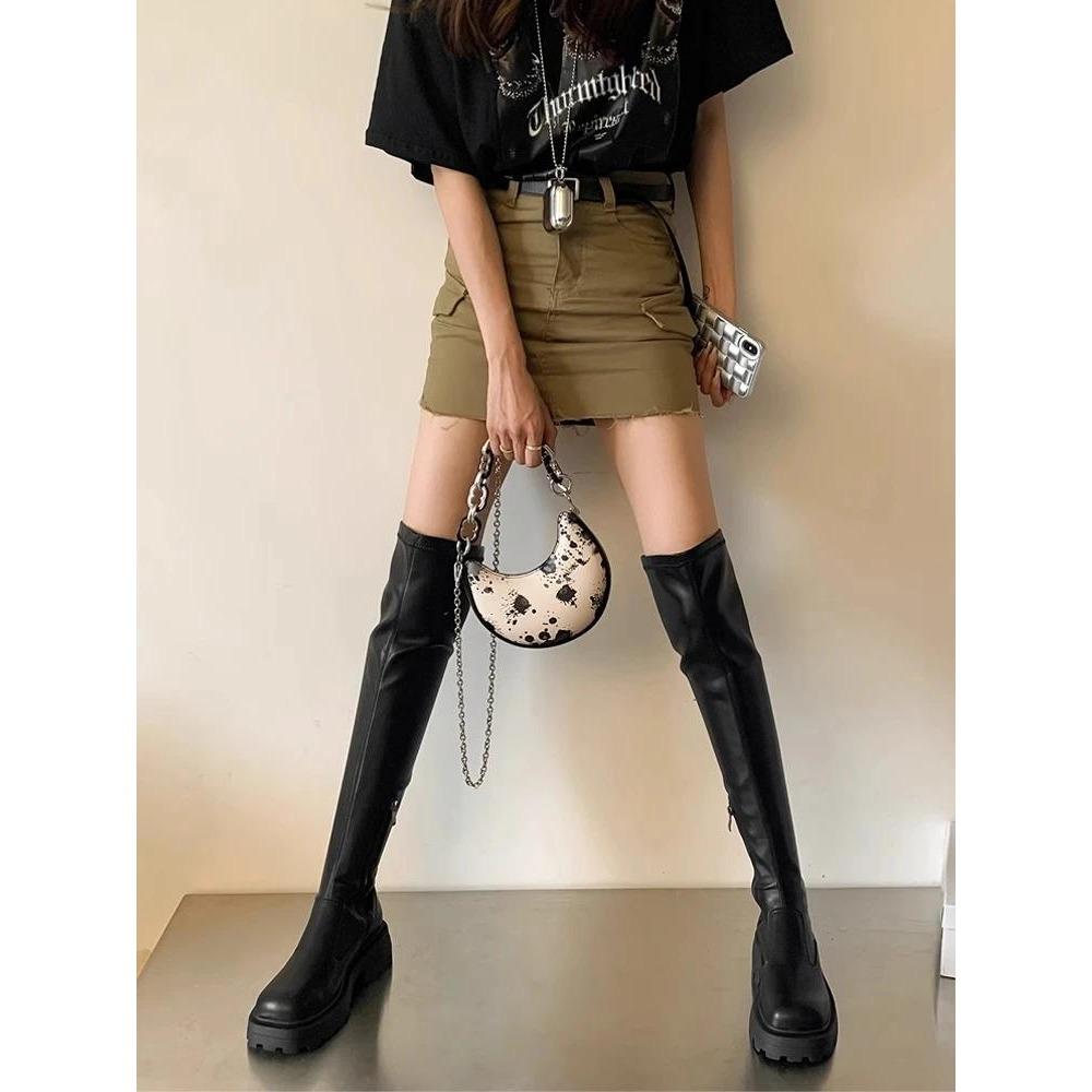 Новая мода, хит продаж, круглый носок, толстая подошва, зимняя теплая уличная модная модель в сапогах выше колена на толстой подошве