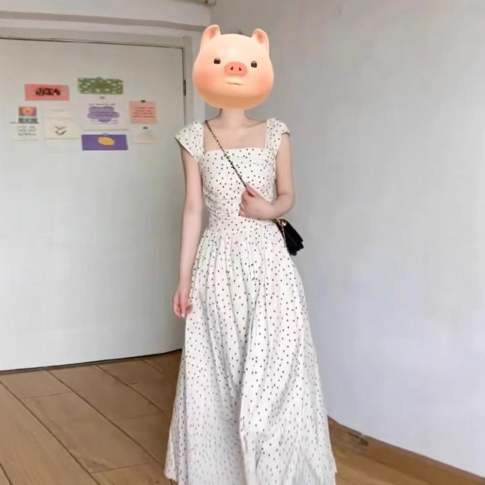 Летнее длинное платье с квадратным вырезом и рукавами-буфами в французский горошек для женщин