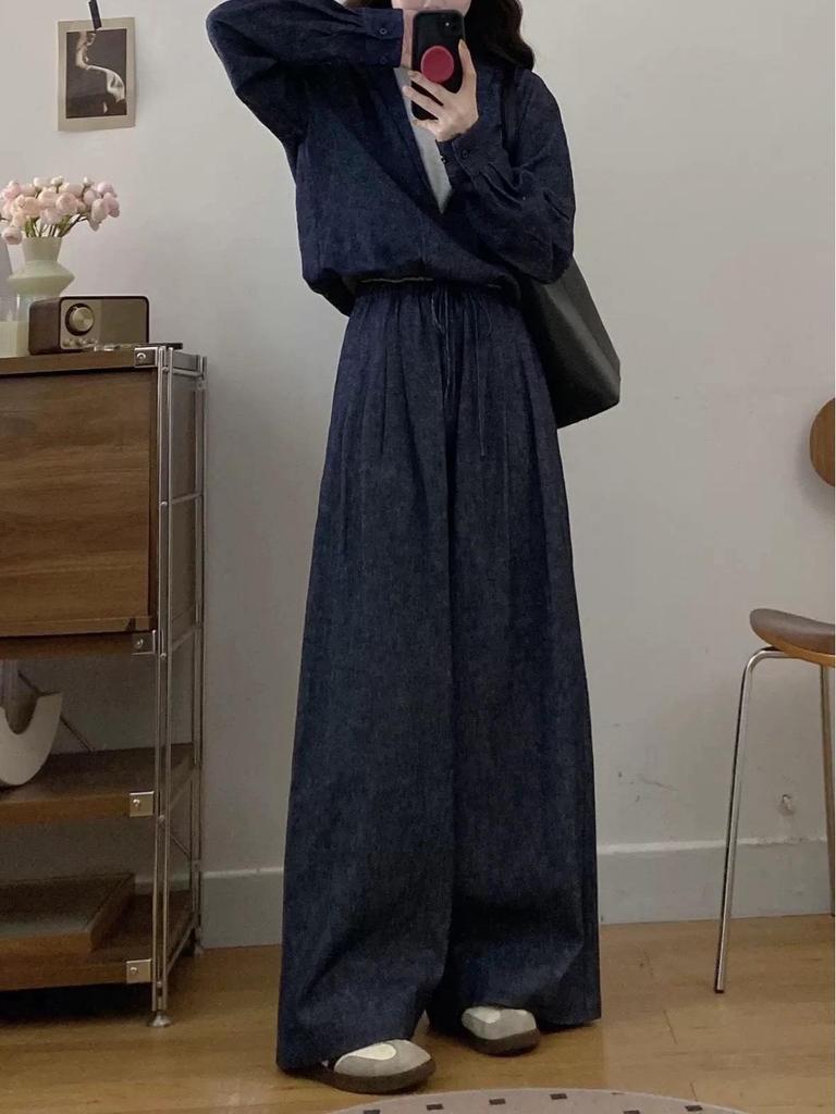 2025 Autumn Linen-Cotton Denim Set: Faux Two-Piece Jacket with Loose Wide-Leg Pants