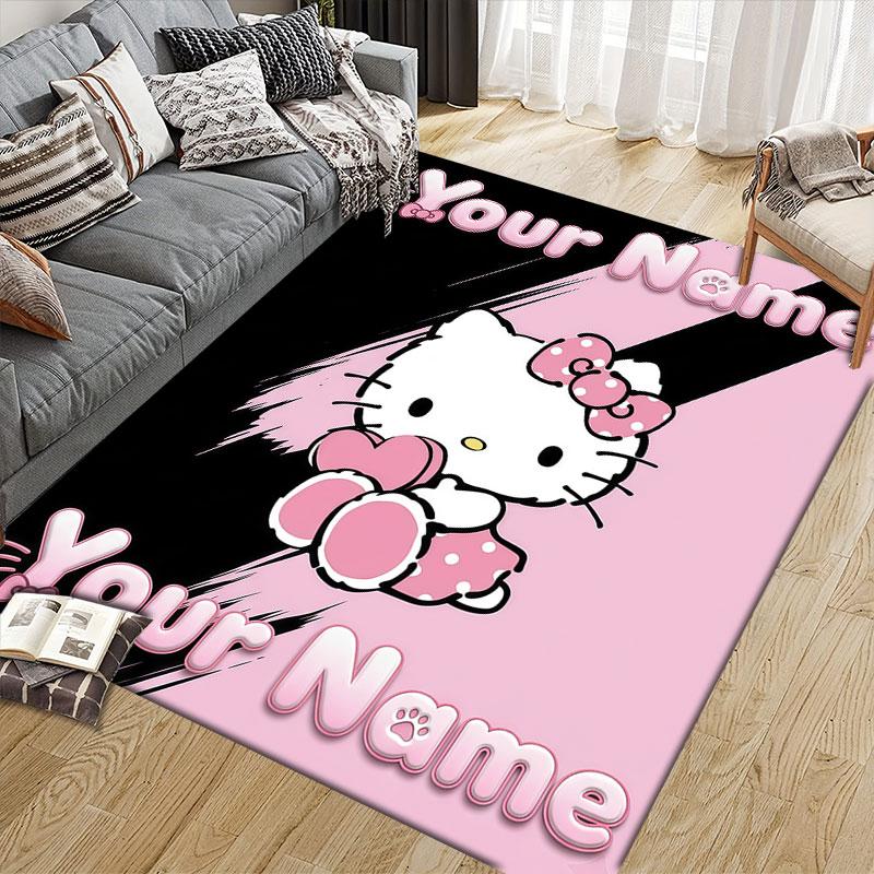 Custom Name,Girly Hello Kitty Home Sofa Decoration for Living Room & Bedroom, Non‑Slip Play Flannel Floor Mat for Game Room