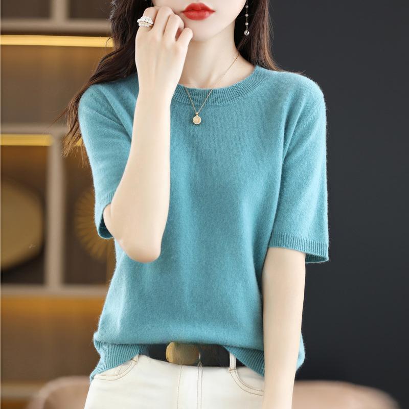 INDFS Women's Fashion Casual Summer Spring Solid Color Print Short Sleeve O-Neck Blouses & Shirts