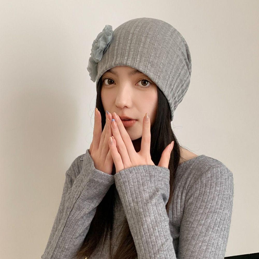 Retro Solid Color Rose Flower Knitted Hat Y2k Style Breathable Women Beanie Cap Crochet Thin Striped Skullies Cap