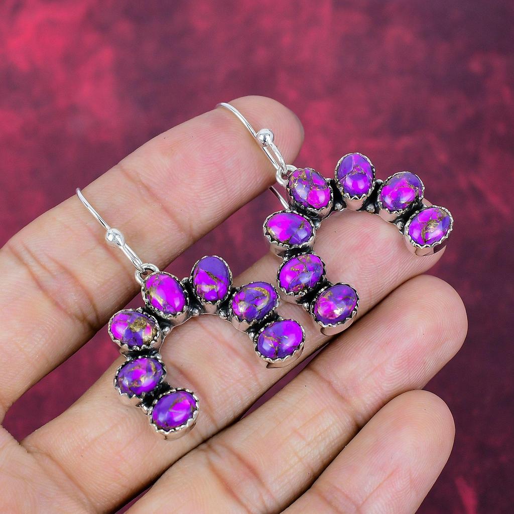 Purple Copper Turquoise Handmade Gemstone Earrings, 925 Solid Sterling Silver Earrings Antique Jewelry, For Engagement Gift