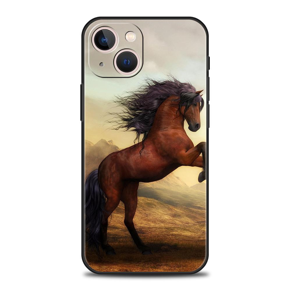 Роскошный мягкий чехол из ТПУ для iPhone 16 11 15 14 Pro MAX 12 13 7 8 Plus X XR XS SE 2022 Черный чехол Лошадь Животное