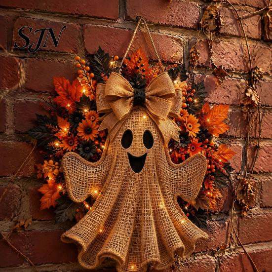 Vintage Halloween Ghost Decor Rustic Wreath for Front Door, Farmhouse Burlap Hanging Harvest Festival Ornaments with Maple Leaves, Sunflowers