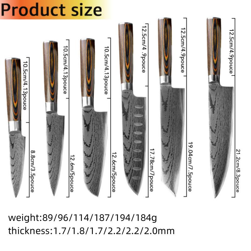 6 Pcs Damascus Laser Pattern Stainless Steel Kitchen Knife Set Kitchen Stuff Chopping Knife Fruit Cutter