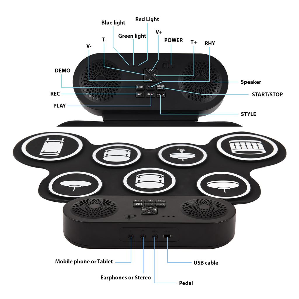 Electronic Drum Set Hand Roll Drum Set 7 Pads with Dual Speaker 7 Drum Styles 6 Rhythms 10 Demo