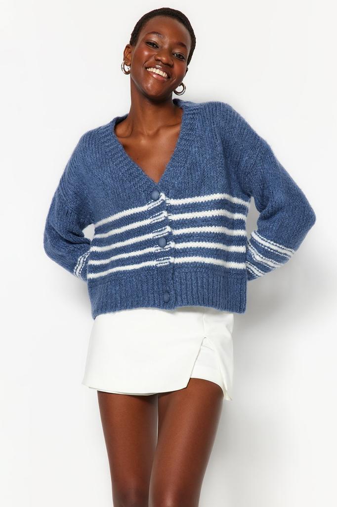 Women's Elegance Style Cardigan Black Soft Textured Striped Knitwear Cardigan