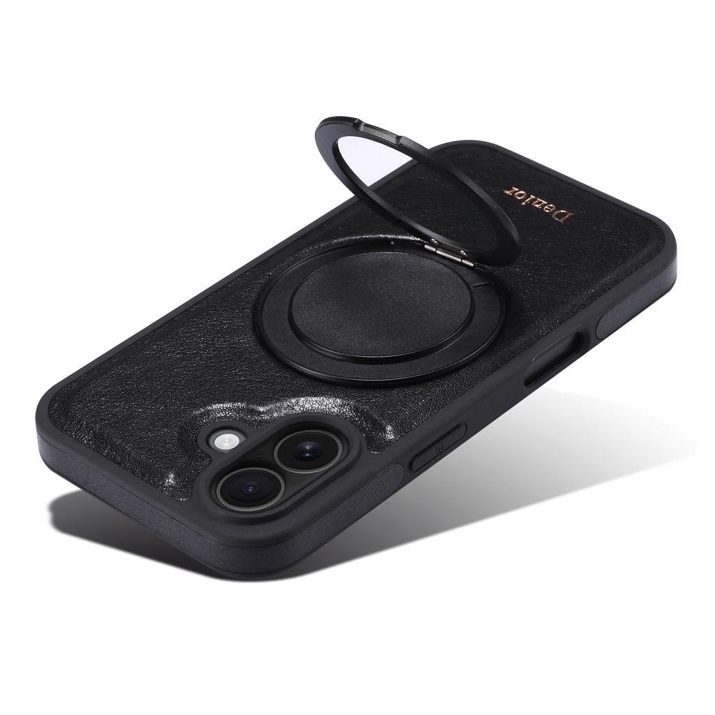 DENIOR For iPhone 16 Case Rotating Magnetic Kickstand Genuine Cow Leather Phone Back Cover