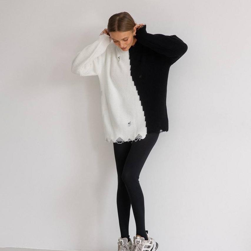 Autumn Winter Vintage Loose Long Sleeve Top Blocked Color Pullover Knitwear O-Neck Sweater