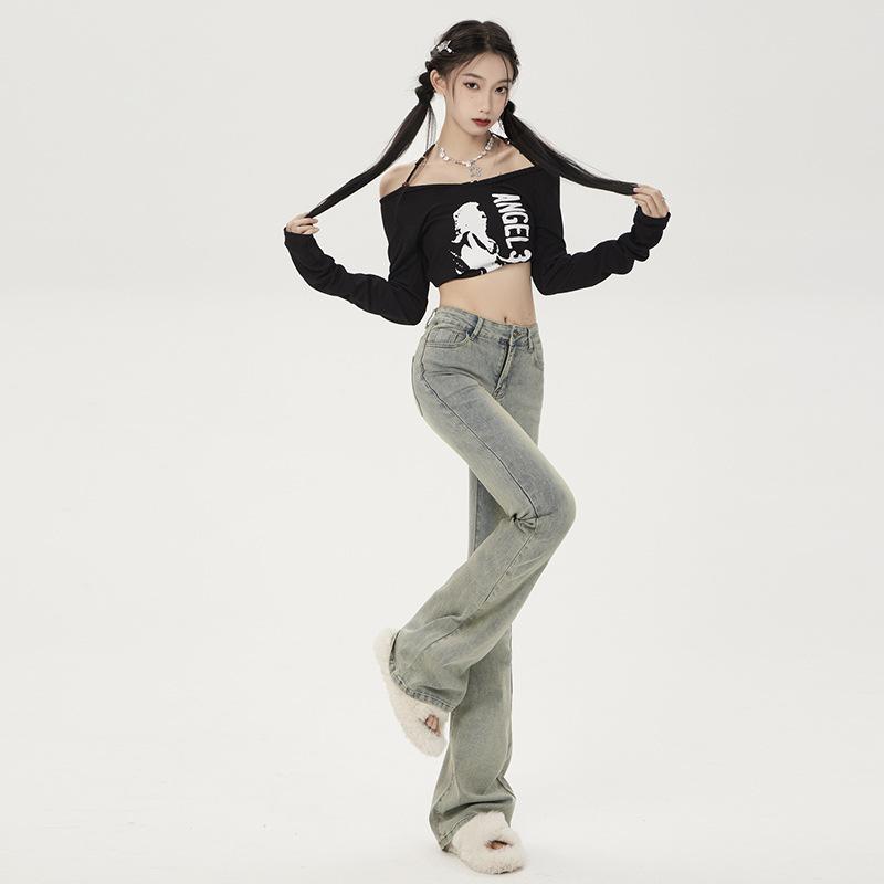 Американские ретро-желтые грязевые узкие джинсы женские модные универсальные студенческие облегающие брюки-клеш