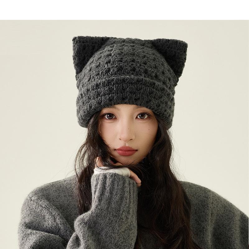 Шерстяная шапка с кошачьими ушками Осень Зима Большая голова Теплая Защита ушей Вязаная шапка