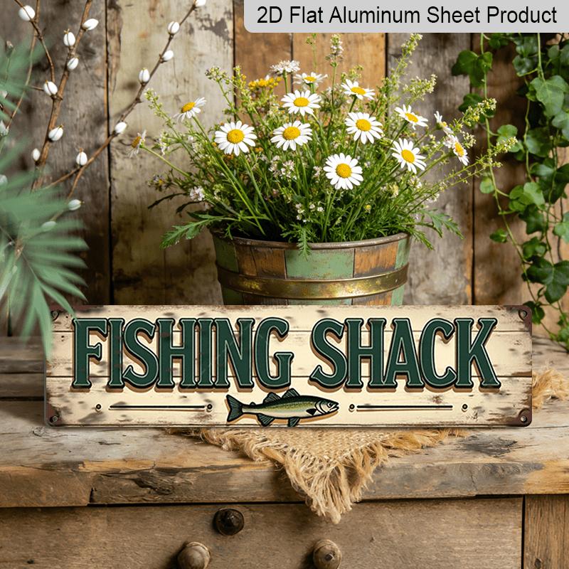 15.7×3.94inch Rustic Fishing Shack Metal Sign, Aluminum Decorative Sign, Rustic Wall Decor with Distressed Lettering & Orange Stripes, No Electricity