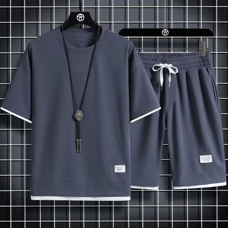 Летние мужские вафельные комплекты Повседневный комплект из футболки и шорт Мужской спортивный костюм Однотонный спортивный костюм Свободные костюмы