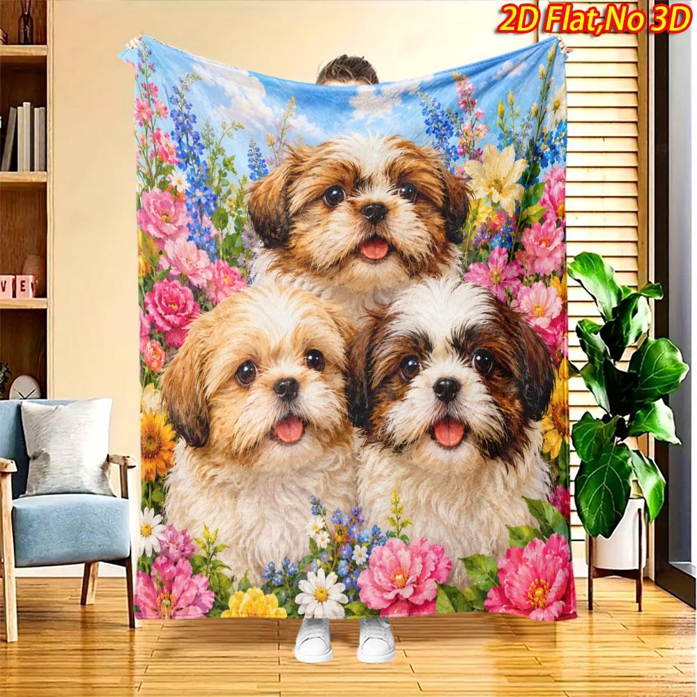 1pc 2D Flat Printing Spring & Summer New Arrival Digital Print Blanket Featuring Three Adorable Shih Tzu Dogs with Colorful Flowers, Suitable for All
