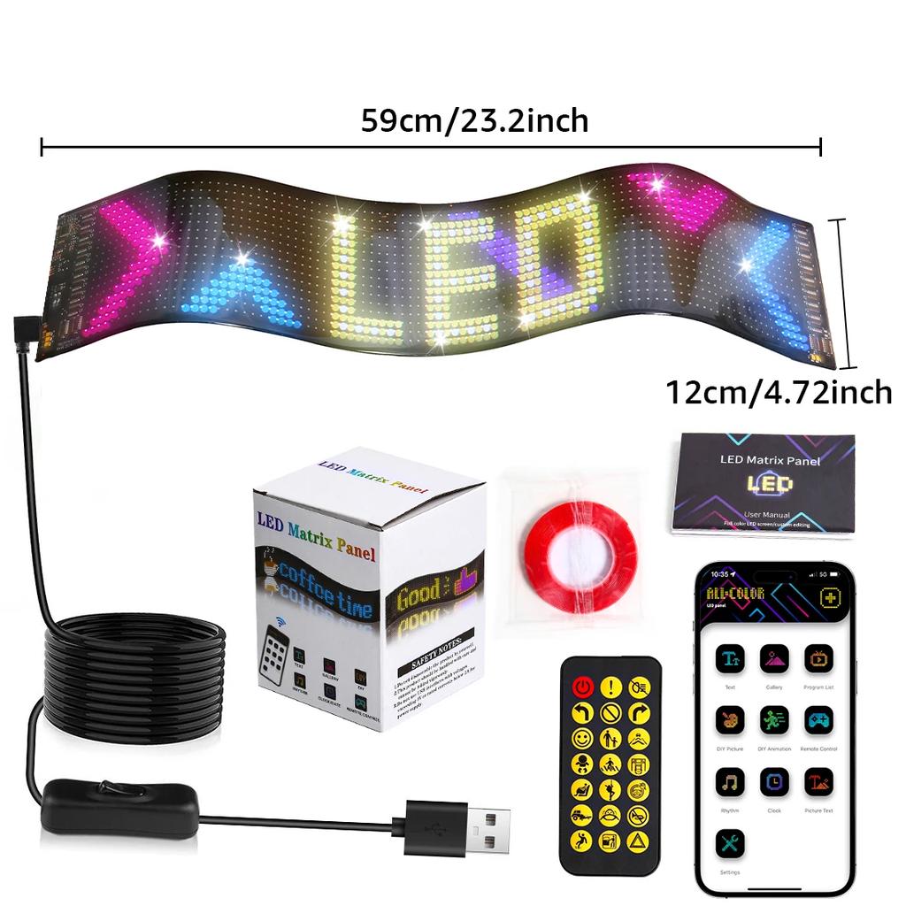 Автомобильный светодиодный дисплей Рекламный свет Автомобильный знак Гибкая матричная панель С пультом управления через приложение DIY Шаблон Анимация Экран дисплея