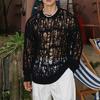 Men Tops Crew Neck Long Sleeve Knitted T-Shirt Men Clothing Retro Hollow-Out Mesh Knit Tops Spring Streetwear