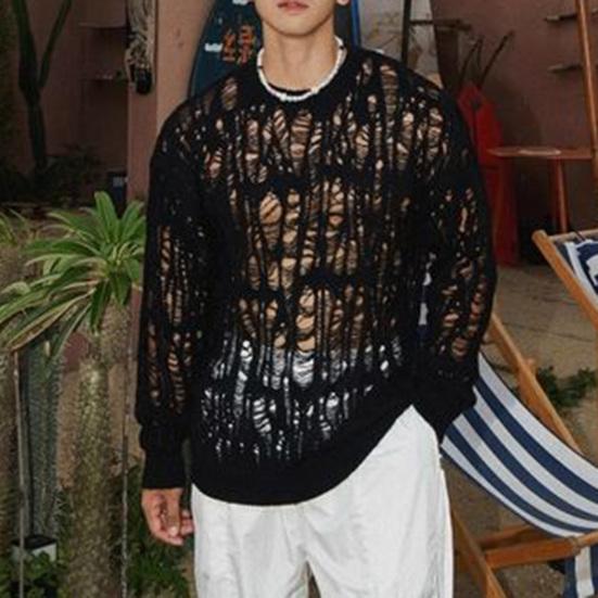 Men Tops Crew Neck Long Sleeve Knitted T-Shirt Men Clothing Retro Hollow-Out Mesh Knit Tops Spring Streetwear