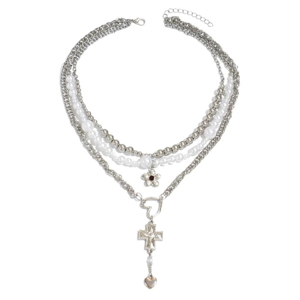 Vintage Heart Cross Pendant Necklace With Alloy Charm And Layered Floral Accents For Fashion