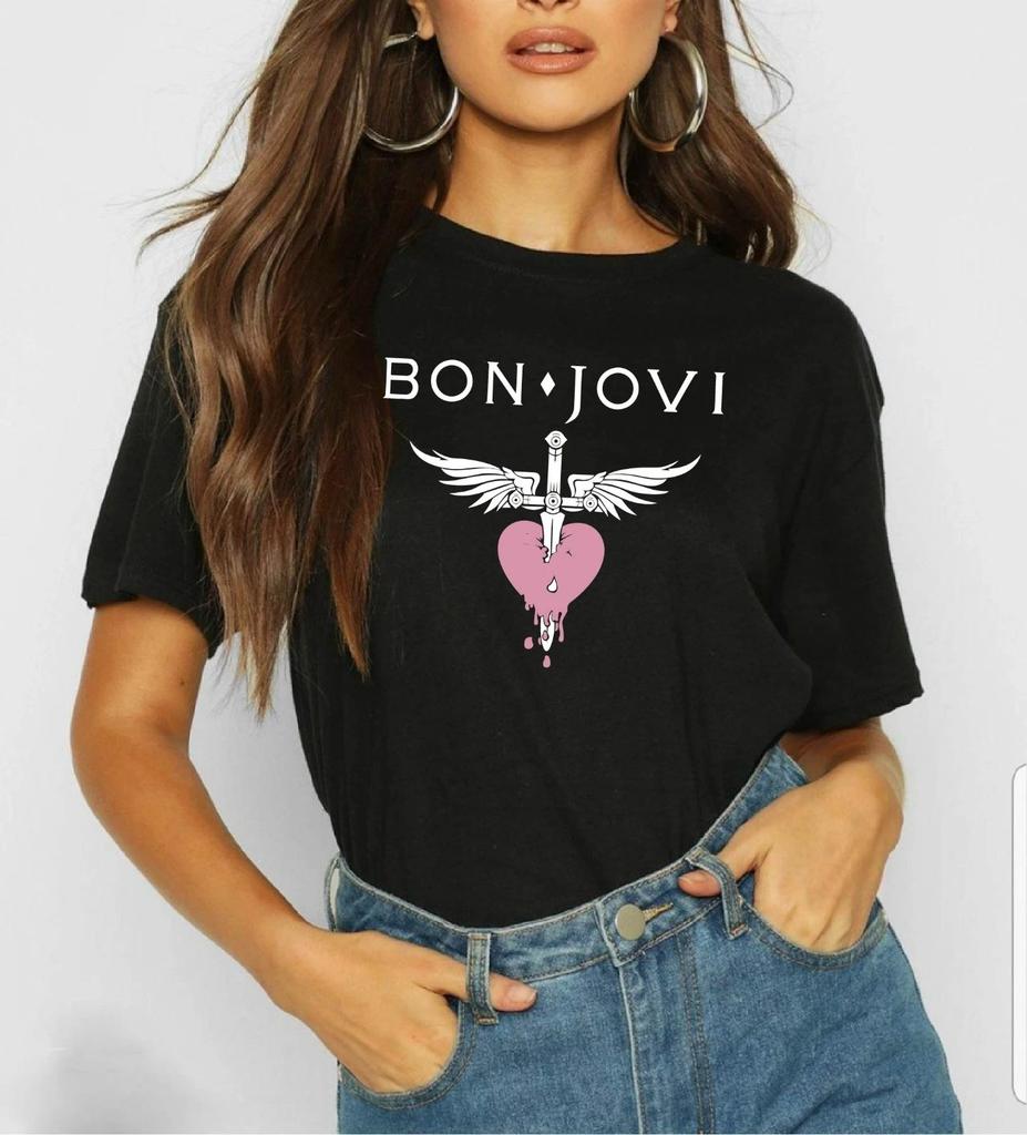 Футболка Bon Jovi Черная Мерч Группы Розовое Сердце Графическая Футболка Тур по Великобритании Рок Топ