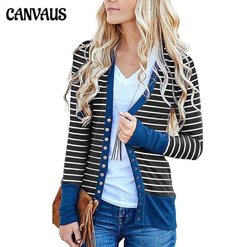 Women's Long Sleeve Ribbed Neckline Open Front Stripe Snap Button Down Knit Cardigans Sweater Coats