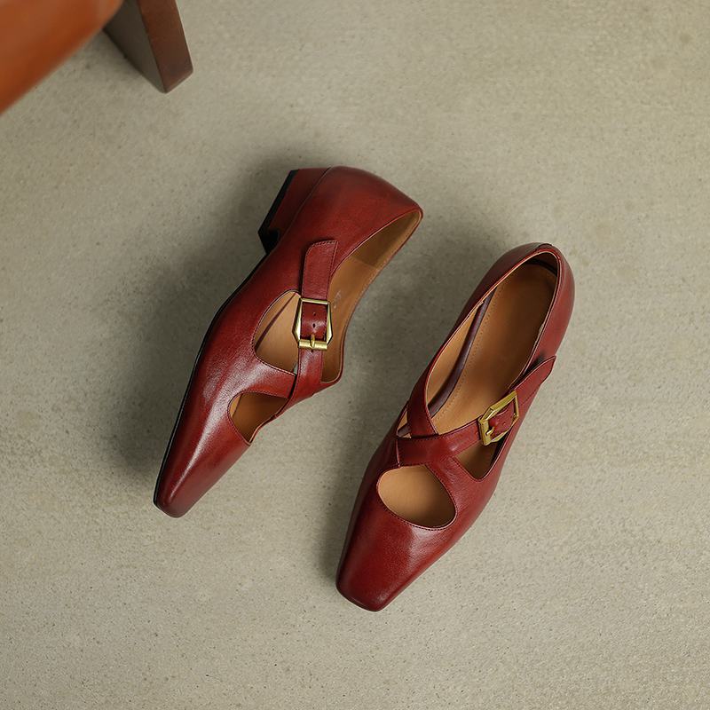 Krazing Pot Cow Skin Spring Summer Size 40 Thick Low Heels Women Square ToeShallow Pumps