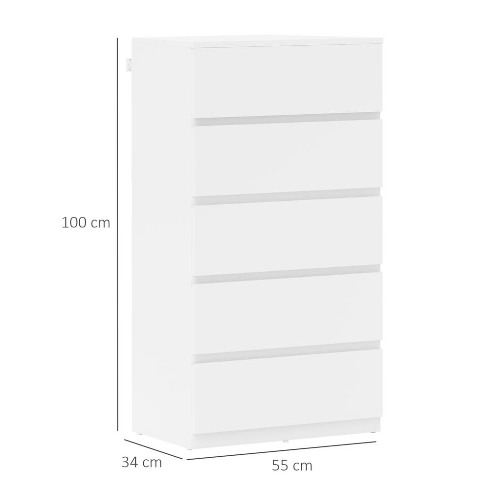 Комод Боковой Комод Ящичный Комод, 5 Ящиков, 55 см x 34 см x 100 см, Белый