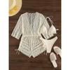 Womens 3-Piece Swimsuit Set With Long Sleeve Mesh Cover-Up High-Waisted Tie Waist Padded Bust Nylon Spandex Fabric