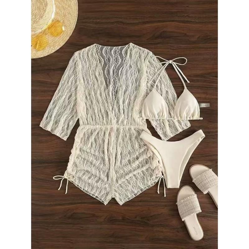 Womens 3-Piece Swimsuit Set With Long Sleeve Mesh Cover-Up High-Waisted Tie Waist Padded Bust Nylon Spandex Fabric